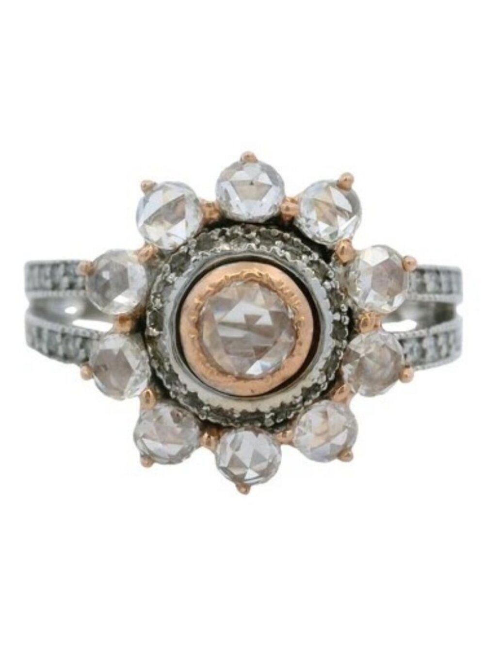 Retired EFFY 14k Rose White Gold Rose Cut Diamond Flower Split Band Ring Size 7